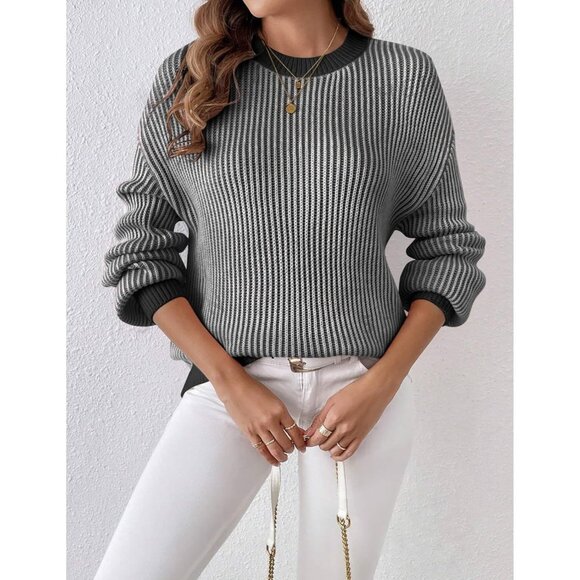 Women's Long Sleeve Ribbed Knit Pullover Black White Casual Sweaters Top - Picture 3 of 5